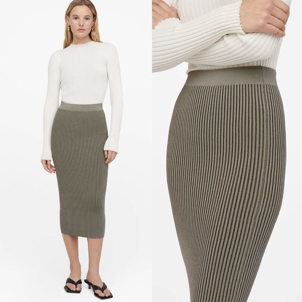ANINE BING Julian Ribbed Midi Skirt M Khaki Green Knit High Rise